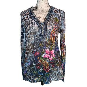 Alberto Makali Large Leopard Flower Butterfly Long Sleeve Shirt Embellished Neck